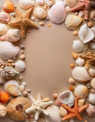 Obraz premium Wreath made of shells and starfishs on a table, travel , frame , space for text