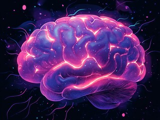 Fototapeta premium Illustration of a stylized brain with hot white electrical impulses and glows in purples and pinks