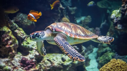Fototapeta premium Vibrant Sea Turtle Swimming Gracefully Through Colorful Coral Reef with Tropical Fish in Clear Ocean Waters Captured Under Natural Light
