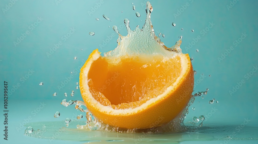 Poster fresh orange slice splashing into water with vibrant colors and dynamic motion capturing the essence