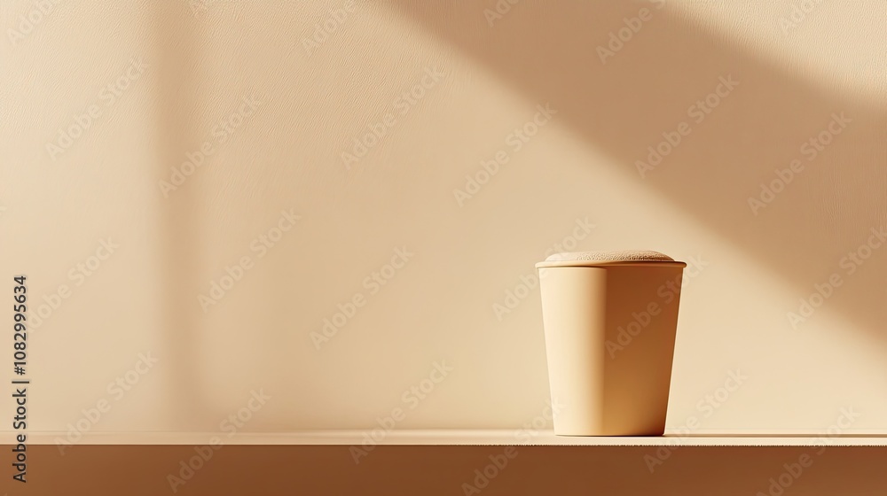 Poster minimalist beige cup on a simple shelf with shadows creating a soft atmosphere in a contemporary set
