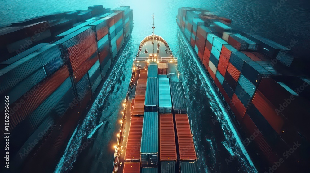 Poster A container ship sails through the water with rows of shipping containers stacked high on either side.