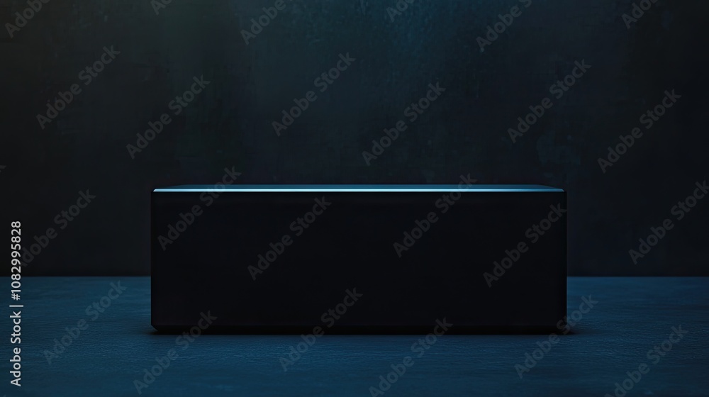 Poster minimalistic black box on the dark surface in dim lighting, creating a sense of mystery and elegance