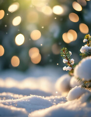 Christmas winter scene featuring snow and a blurred bokeh effect. A Merry Christmas and Happy New Year greeting card with copy-space.