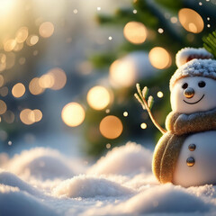 Christmas winter scene featuring snow and a blurred bokeh effect. A Merry Christmas and Happy New Year greeting card with copy-space.