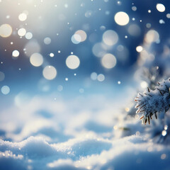 Christmas winter scene featuring snow and a blurred bokeh effect. A Merry Christmas and Happy New Year greeting card with copy-space.