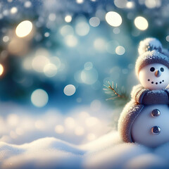 Christmas winter scene featuring snow and a blurred bokeh effect. A Merry Christmas and Happy New Year greeting card with copy-space.