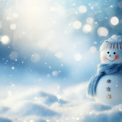 Christmas winter scene featuring snow and a blurred bokeh effect. A Merry Christmas and Happy New Year greeting card with copy-space.