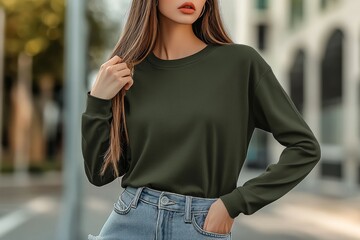 Beautiful female model wearing dark green, army green long sleeve sweatshirt. Sweetshirt mockup
