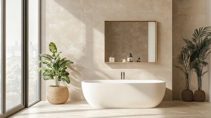 Fototapeta premium Modern and Elegant Bathroom Design with Freestanding Bathtub, Natural Light, Neutral Tones, Indoor Plants, and Minimalist Decor for a Relaxing Ambiance