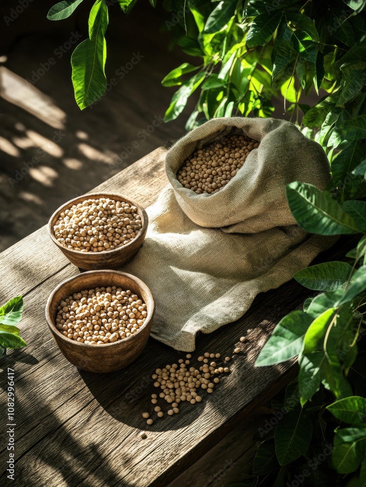 Aufkleber bowls and a sack brimming with lentils, beans, and chickpeas rest on a rustic wooden table surrounde