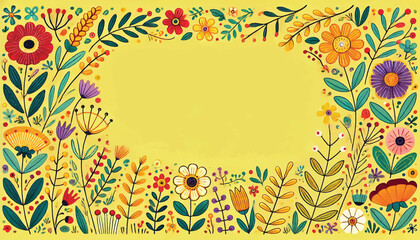 Bright yellow background with botanical floral frame for text inserts