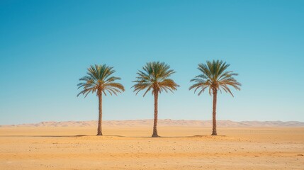 Fototapeta premium Three date palm trees standing in the middle of a vast desert