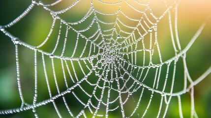Silken spider web texture glistening with morning dew in a close - up shot