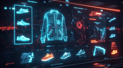 Futuristic online shop showing hologram clothes and shoes with digital interface