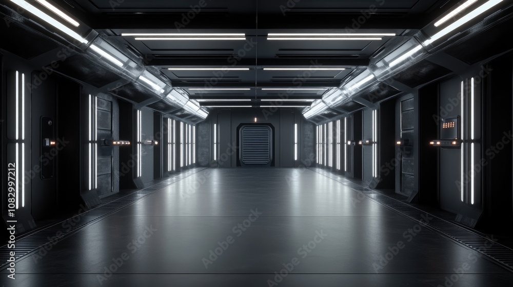 Poster futuristic empty hallway with glowing lights and sleek design in a sci-fi setting ideal for high-tec