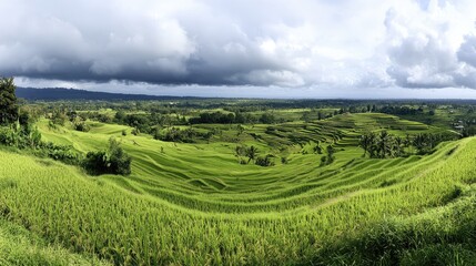 Fototapeta premium Lush Green Terraced Rice Fields Under Dramatic Cloudy Sky Captured in a Scenic Landscape of Bali, Showcasing Nature's Beauty and Agricultural Heritage