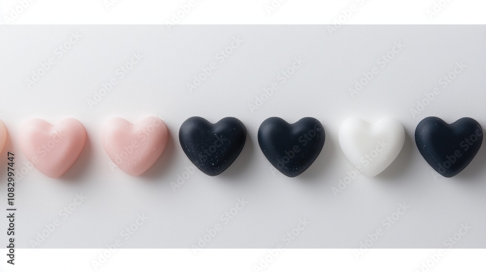 Poster a row of hearts in different colors and sizes