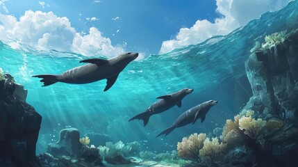 Obraz premium Underwater Scene featuring Playful Seals Swimming Gracefully Amidst Vibrant Coral Reefs and Sunlit Waters in a Serene Aquatic Environment