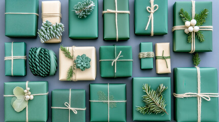 christmas presents in colorful wrapping paper and natural gift cords with pine cones and fir branches