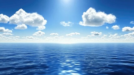 Obraz premium Serene Ocean View Under Bright Blue Sky with Fluffy Clouds, Capturing a Tranquil Seascape Perfect for Nature Lovers and Travel Enthusiasts