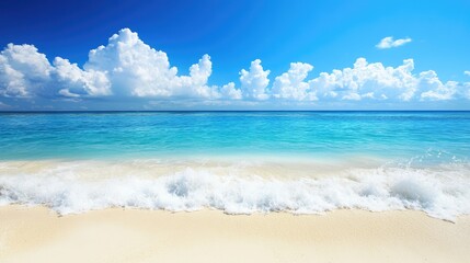 Fototapeta premium Tranquil Blue Ocean Under Bright Sky with Fluffy Clouds and Gentle Waves on a Sandy Beach, Perfect for Travel and Relaxation Themes