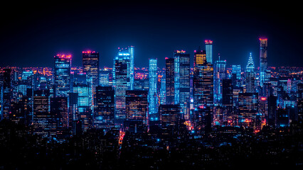Fototapeta premium A Vibrant Skyline Illuminated at Night Showcasing Modern Buildings and City Lights From a High Viewpoint