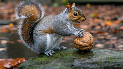 Fototapeta premium Squirrel Enjoying a Walnut on a Mossy Stone in a Serene Autumn Park Surrounded by Fallen Leaves