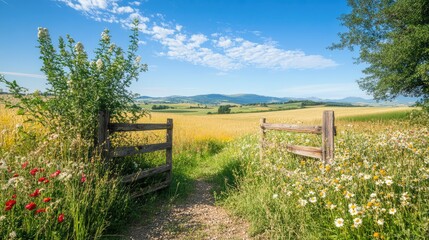 Fototapeta premium Scenic rural landscape featuring a wooden gate opening to vast fields, colorful flowers, and rolling hills under a clear blue sky with scattered clouds