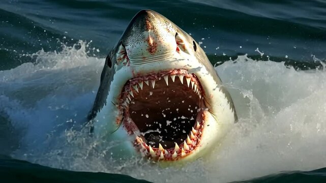 A massive great white shark breaches the surface while feeding near the ocean waves