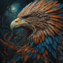 A mesmerizingly intricate chimera made of intertwining serpents, lion's mane, and eagle wings, all seamlessly fused together in a hauntingly beautiful display of mythical creatures. This surreal image