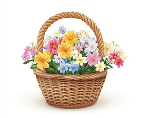 Obraz premium Flower Basket Day. A basket of spring flowers. A bouquet includes yellow daisies with pink petals, blue gerbera daisies, green grasses, and small pearls.