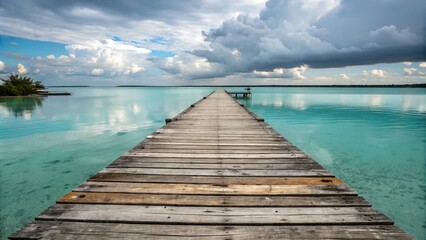 Fototapeta premium A weathered wooden dock juts out into the calm turquoise waters, ocean waves, driftwood, wooden dock, island vibe, shore line