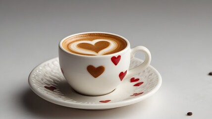 "Espresso cup with decorative heart in foam, isolated on white background."

