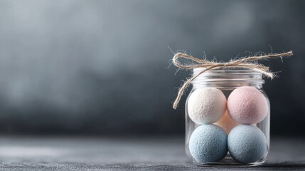 A jar filled with four different colored balls