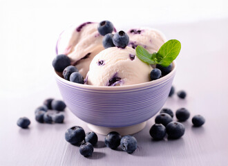 Vanilla ice cream bowl, with blueberries.