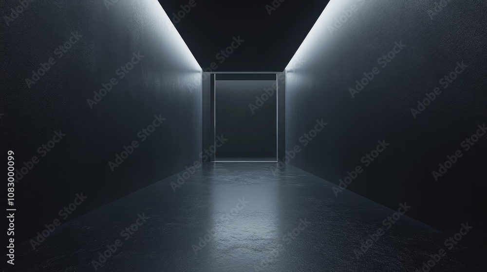 Poster Mysterious Dimly Lit Corridor with Smooth Floor and Subtle Lighting Creating a Sense of Depth and Intrigue in Modern Architectural Design