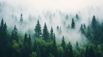 Fototapeta premium Dense Evergreen Forest Embraced by Ethereal Mist in a Serene Atmosphere, Capturing the Beauty of Nature's Tranquility and Colors in the Wilderness