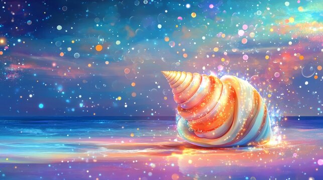 Glowing seashell illuminating magical ocean landscape at sunset