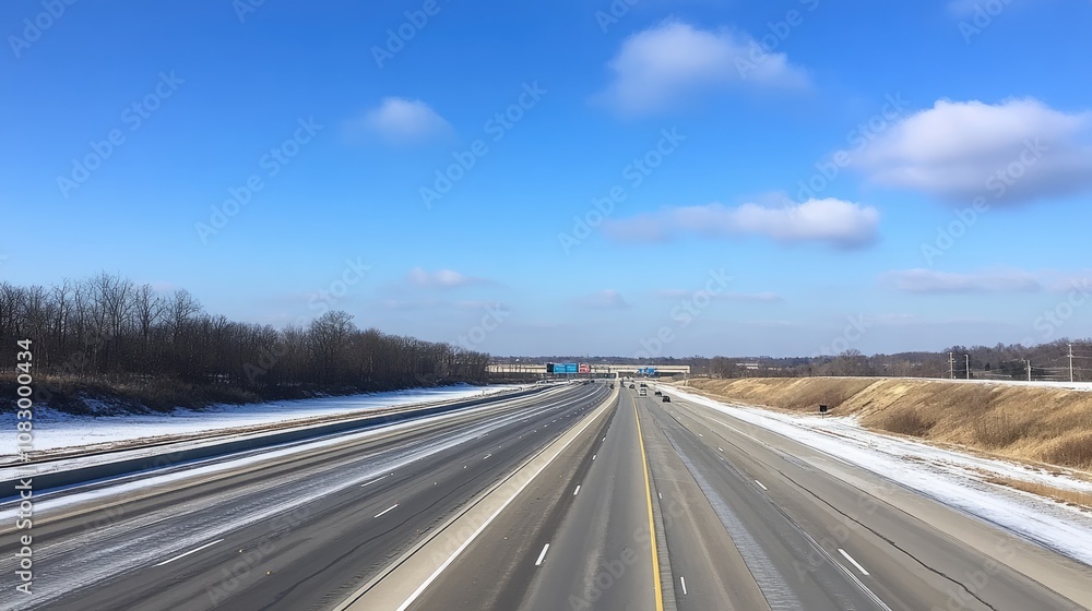 Poster expansive view of a deserted highway under a clear blue sky with hints of snow, showcasing serene wi