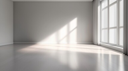 Fototapeta premium A large, empty room with a window and white curtains