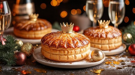 A festive French spread featuring Galette des Rois with golden crowns, surrounded by decorations, sparkling wine, and holiday ornaments