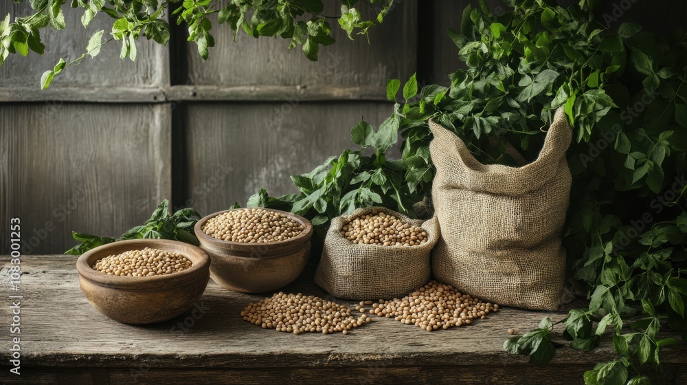 Aufkleber bowls and burlap sacks overflowing with lentils, beans, and chickpeas sit on a rustic wooden table s