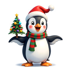 Fototapeta premium A cute penguin in a santa hat and scarf holding a mini christmas tree, 3d rendering of character design concept.