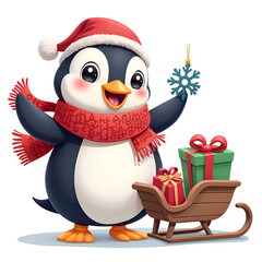 Fototapeta premium Joyful penguin celebrating the holidays with gifts and snowflake ornament, digital illustration of character design concept.
