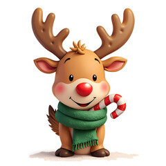 Fototapeta premium Adorable cartoon reindeer with a candy cane, wearing a green scarf for festive cheer and holiday spirit, digital art of character design concept.