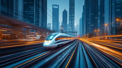 Fototapeta premium High-tech high-speed train long exposure at dusk