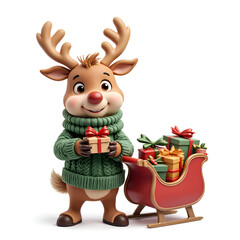 Obraz premium Adorable animated reindeer holding a gift in a cozy sweater beside a sleigh full of colorful presents, 3d render of character design concept.