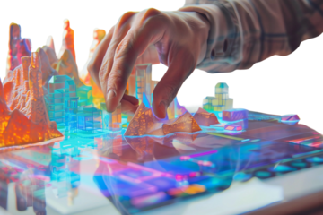 A person is touching a colorful city model on a tablet