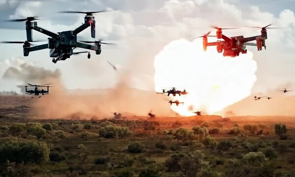 Military drones flying over a battlefield with explosions, showcasing modern warfare and drone technology.
